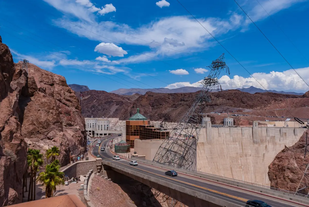 The road across Hoover Dam with the visitor center
