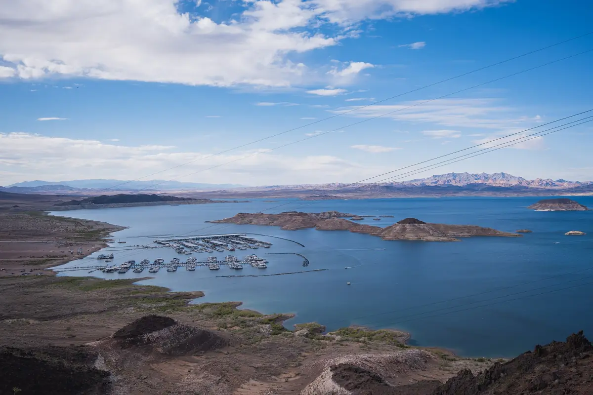 Lake Mead and a marina in Boulder Basin from above